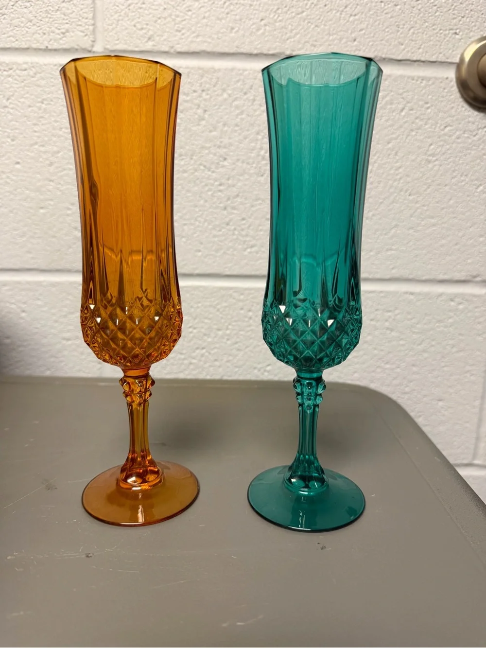 Colored Crystal Flute Glasses - Amber and Teal Set